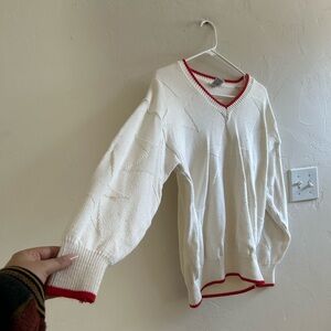 3/$40 classic Vintage White V Necked Cotton Sweater With Red Trim - star pattern